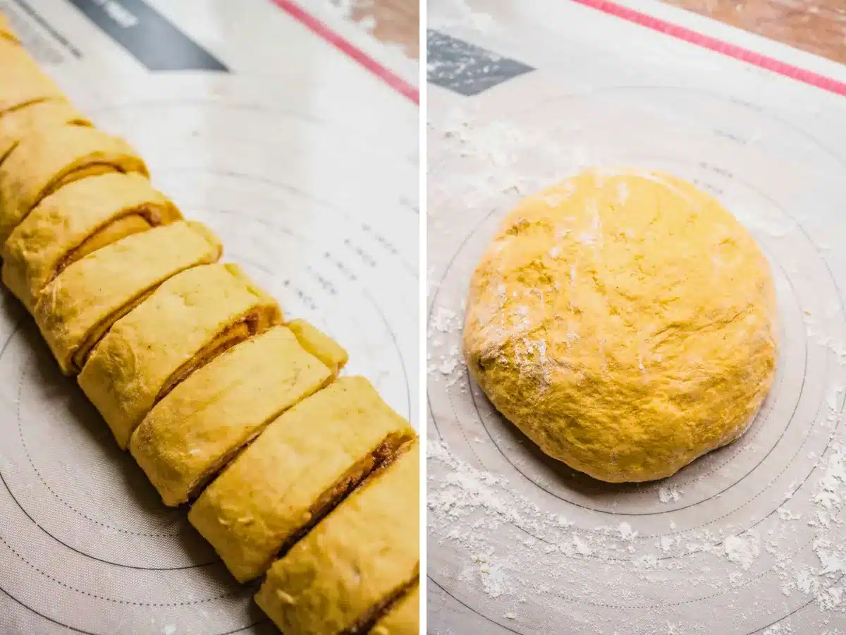 Raw dough and cinnamon rolls slices