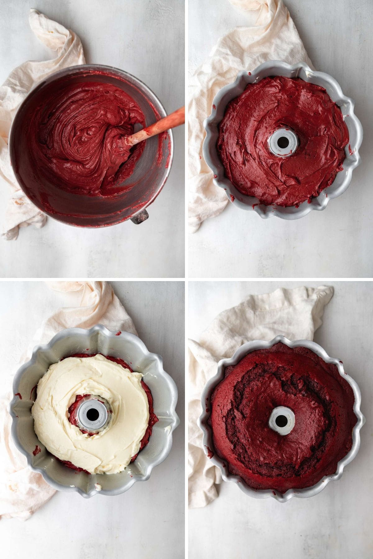 Red Velvet Cheesecake Bundt Cake collage preparing batter, layering in pan, and baked cake