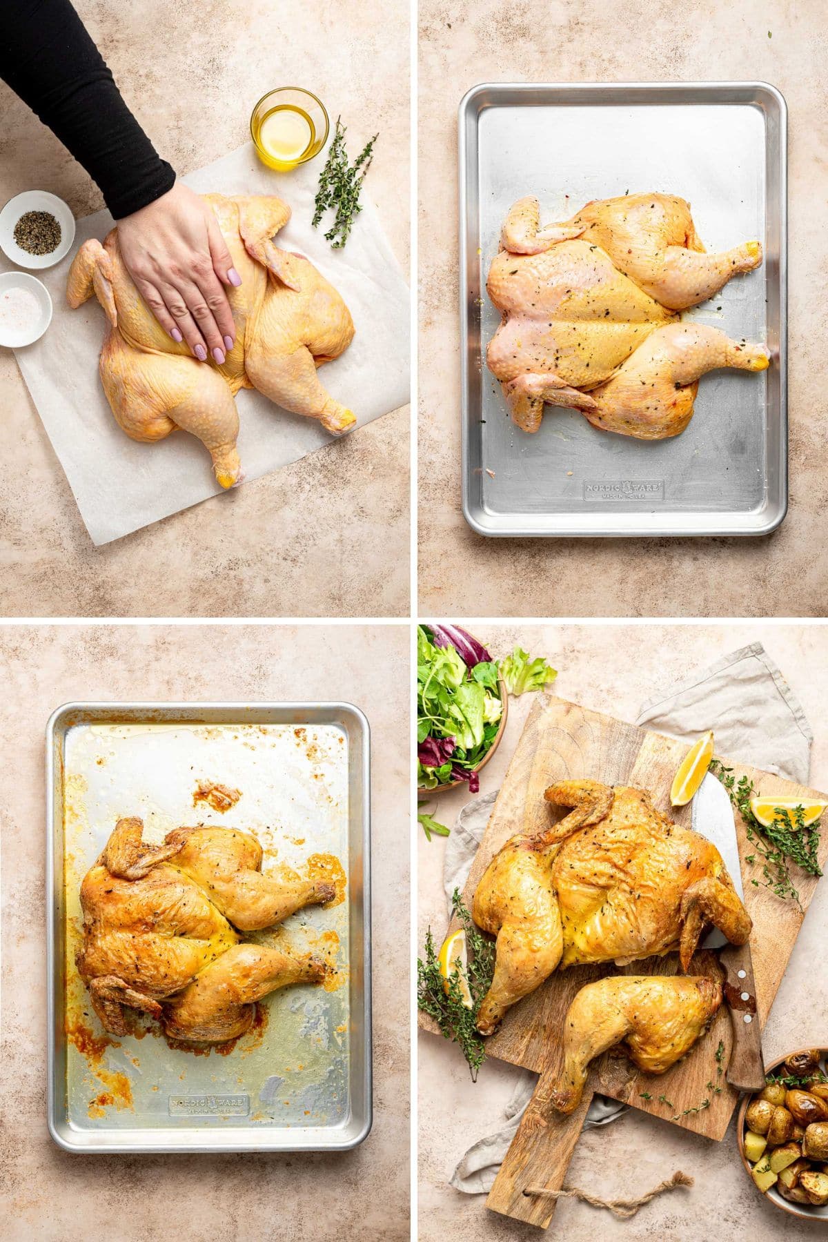 Spatchcock Chicken preparing and roasting chicken collage