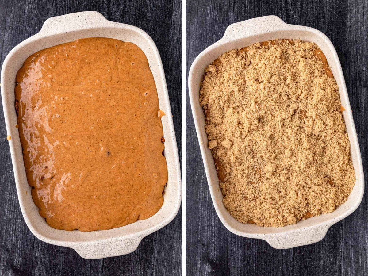 Sweet Potato Cobbler batter in pan and topped with sugar mixture collage