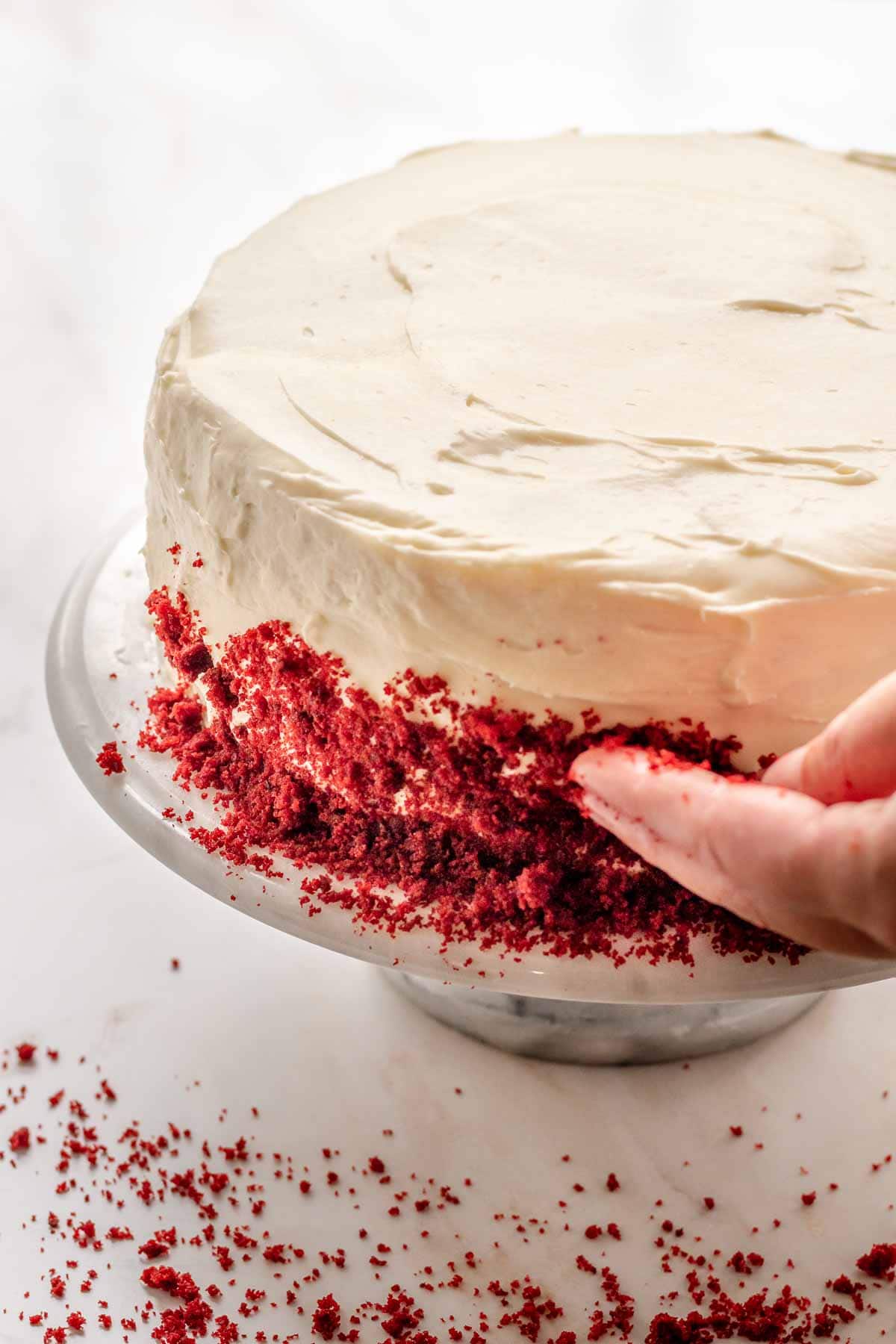 Red Velvet Cheesecake Cake pressing crumbs around the bottom half of assembled frosted cake