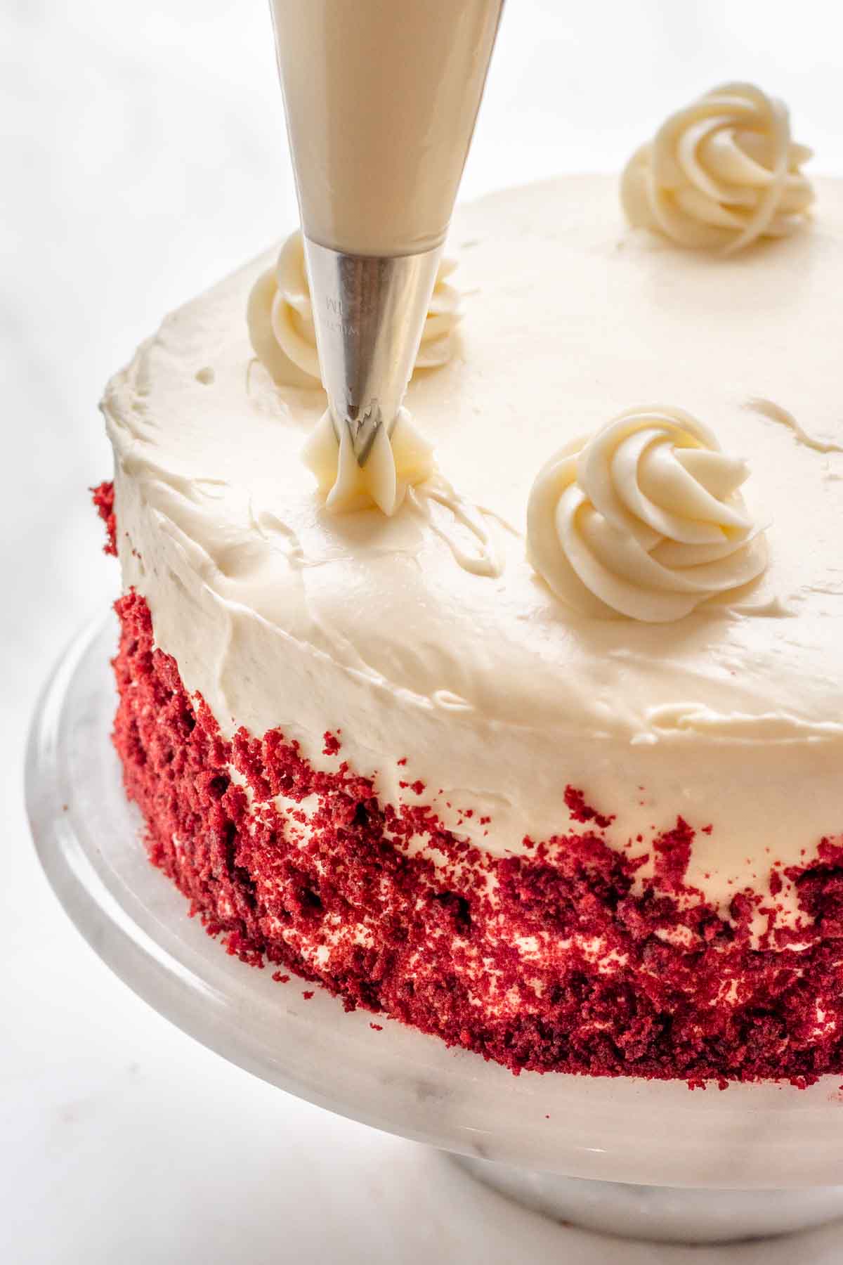 Red Velvet Cheesecake Cake piping decorative swirls on frosted and decorated cake