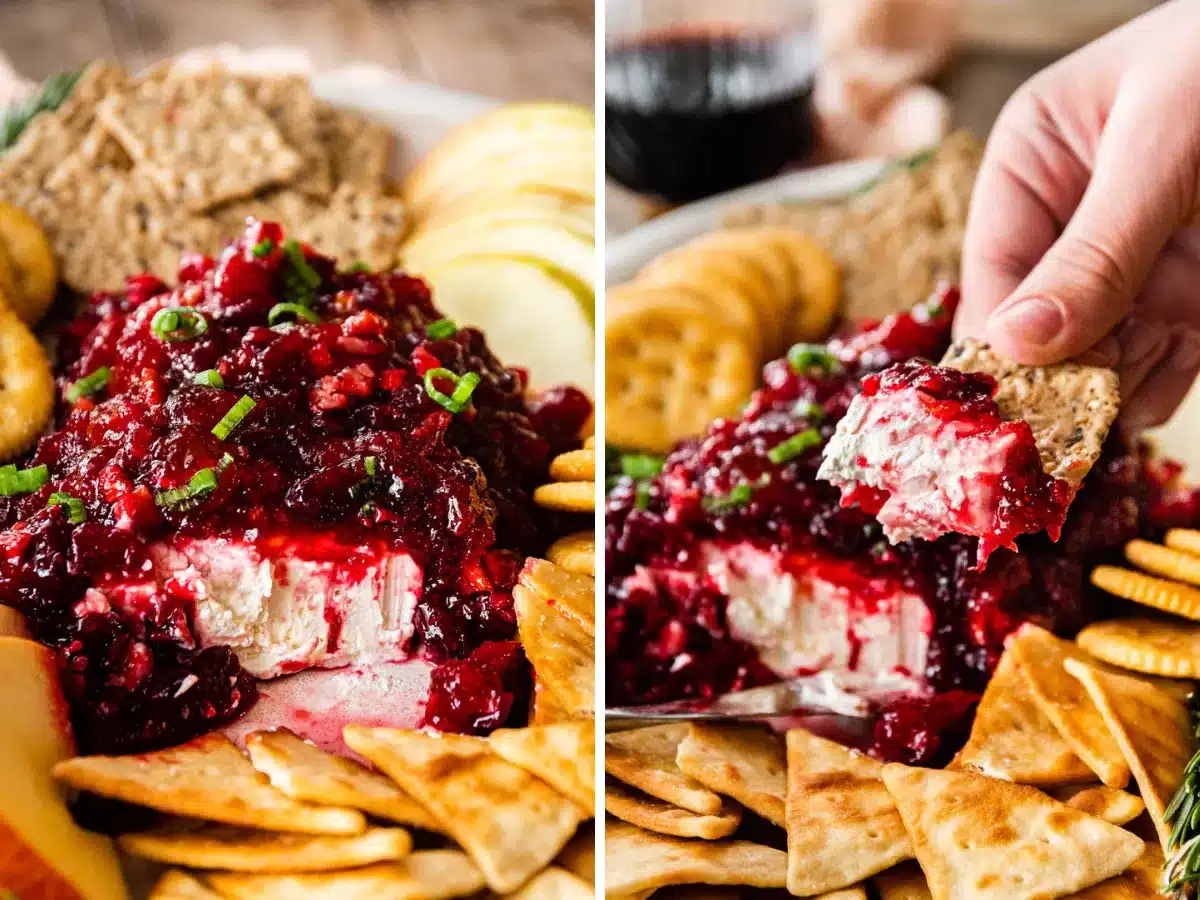 Collage of closeup of dip and scoped with cracker 