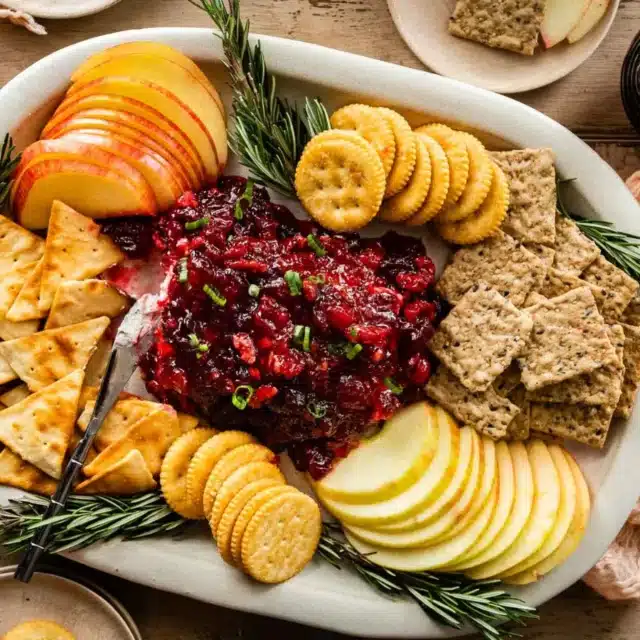 Platter with crackers and fruit around dip