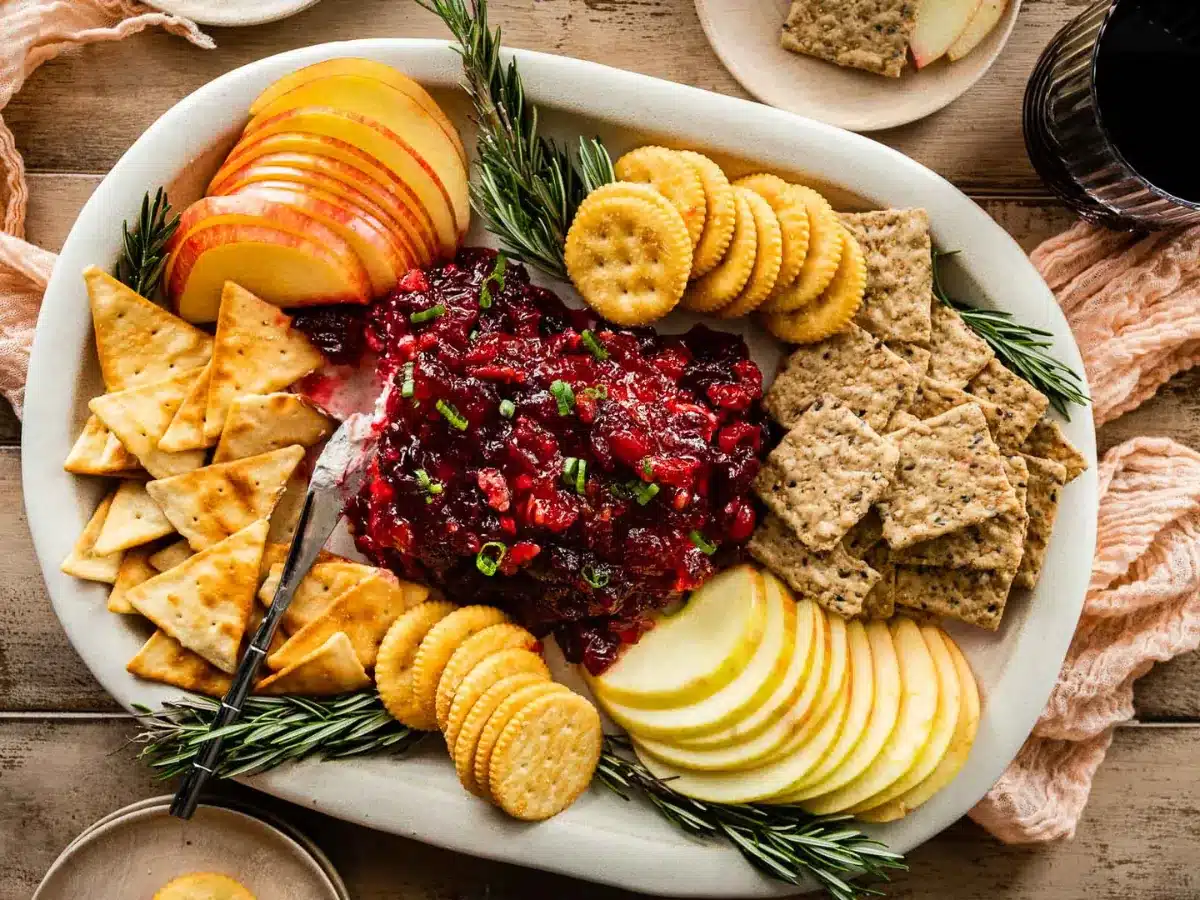 Platter with crackers and fruit around dip 