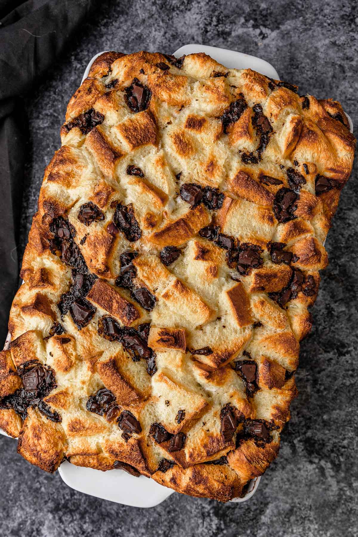 Dark Chocolate Bread Pudding baked in pan, top down view of whole pan