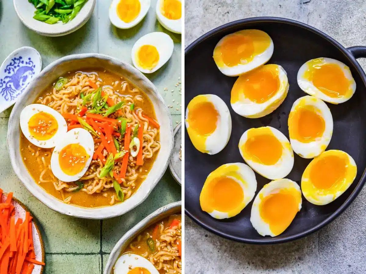 Bowl of ramen next to soft boiled eggs