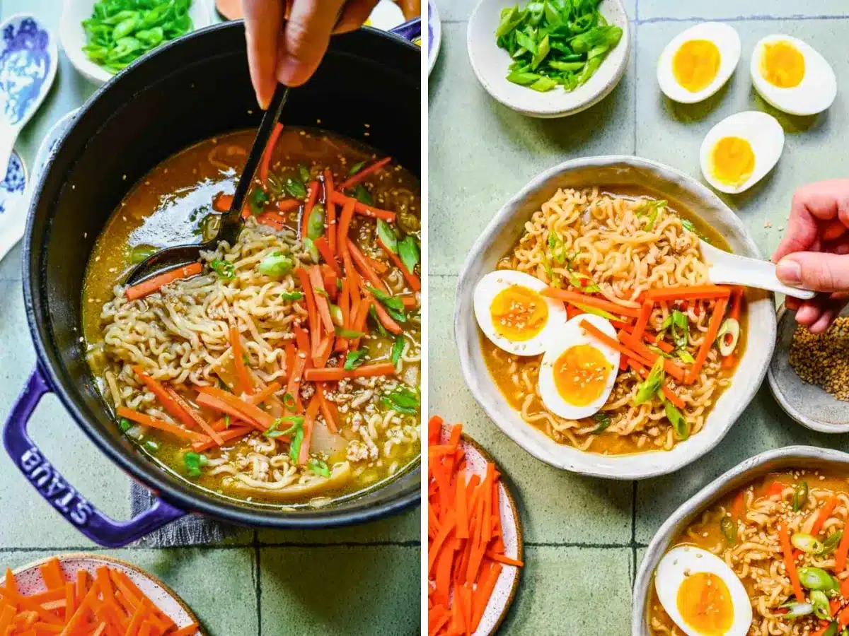 Pot of noodles and veggies being stirred next to bowl of ramen with spoon