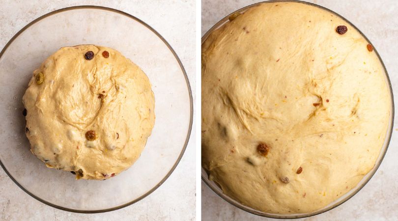 Panettone dough in bowl before and after proofing collage