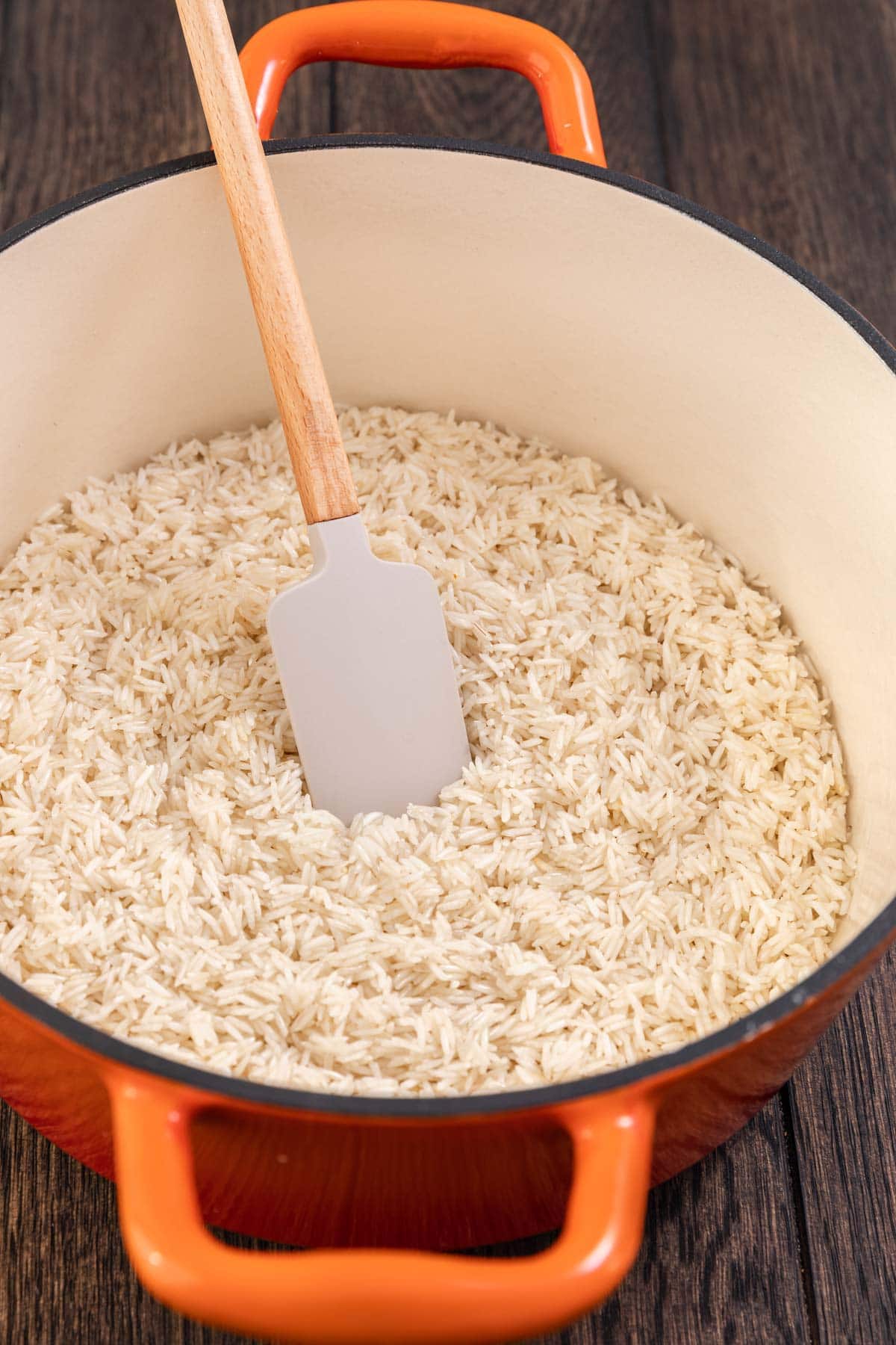 white rice in a dutch oven pot 