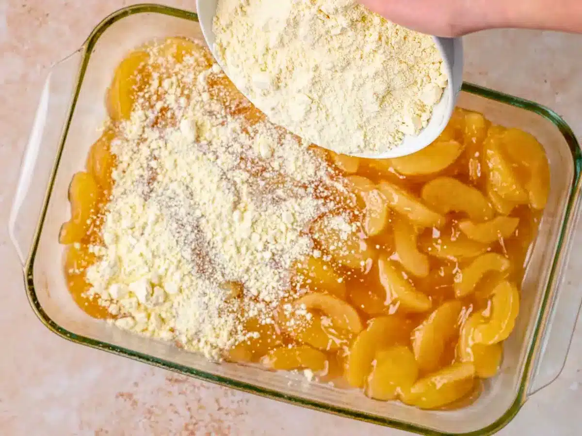 Cake mix sprinkled on top of pie filling