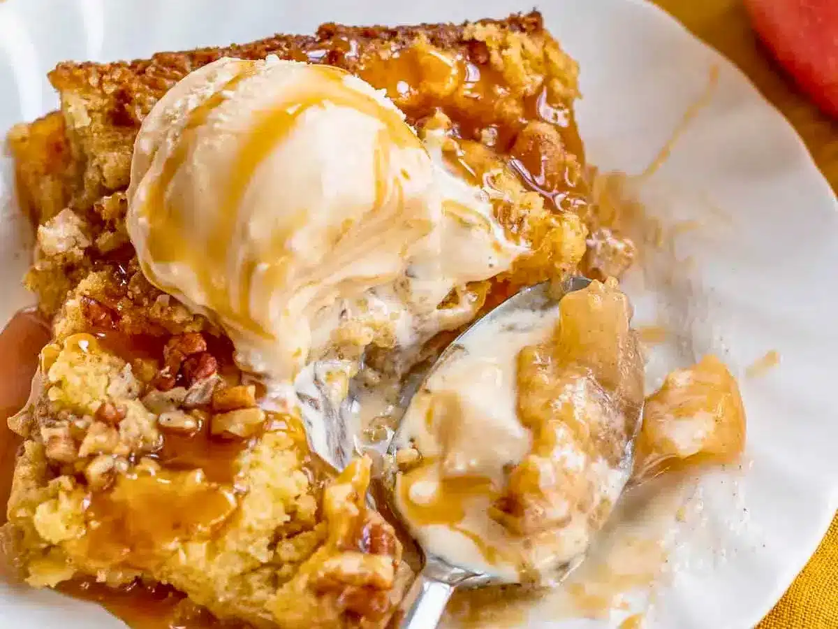 Cake with ice cream and spoon