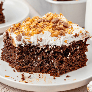 piece of chocolate cake with whipped cream and toffee bits on top of plate