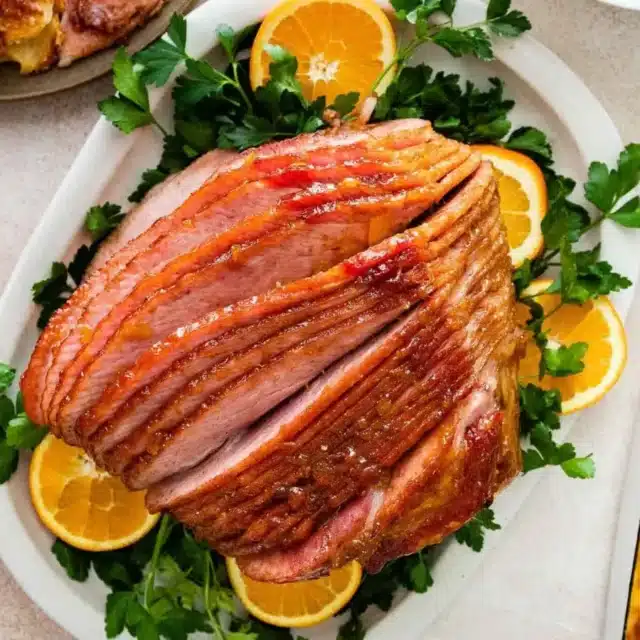Photo of cooked ham slicked on a plate of greens with oranges