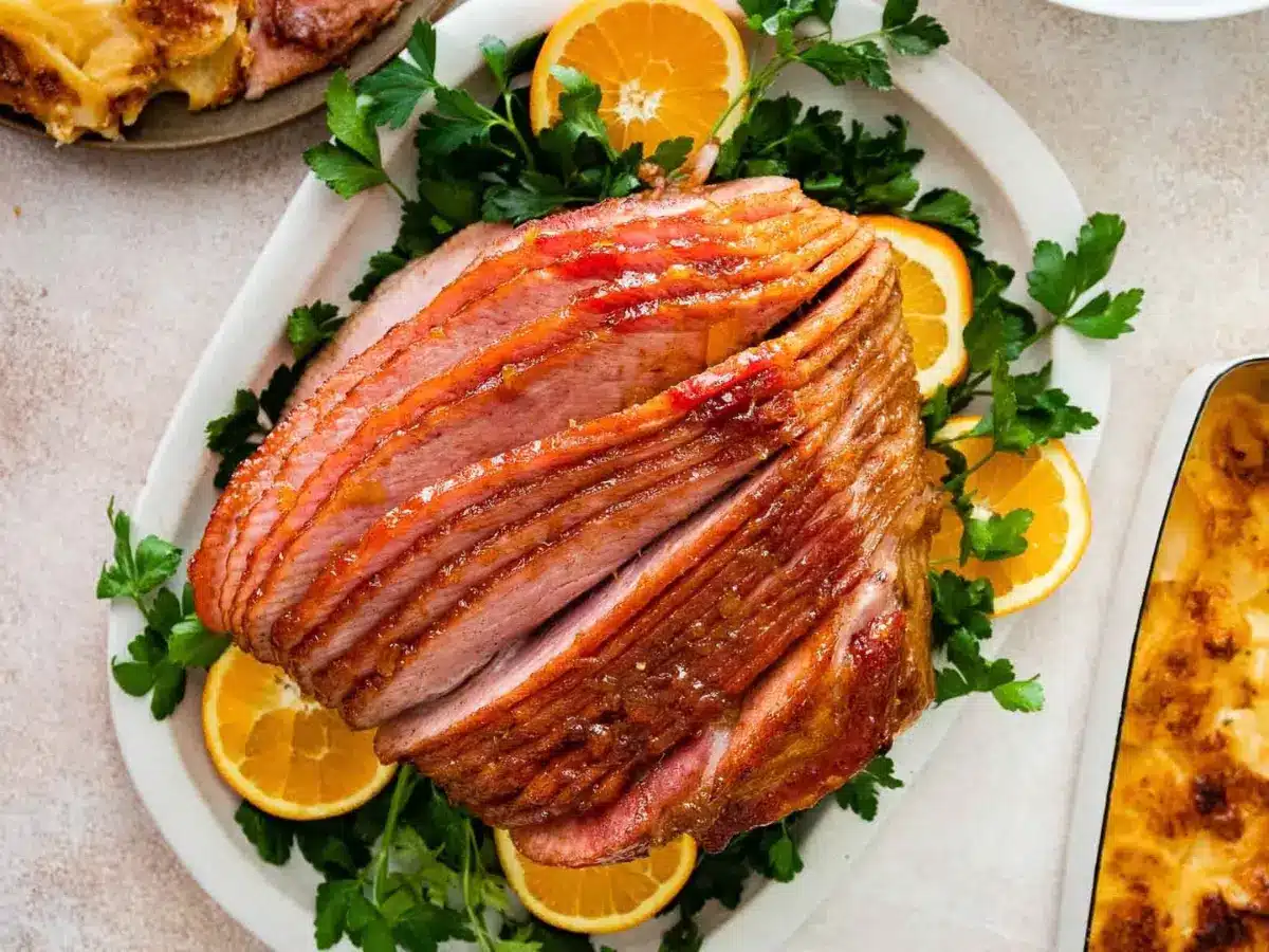 Photo of cooked ham slicked on a plate of greens with oranges