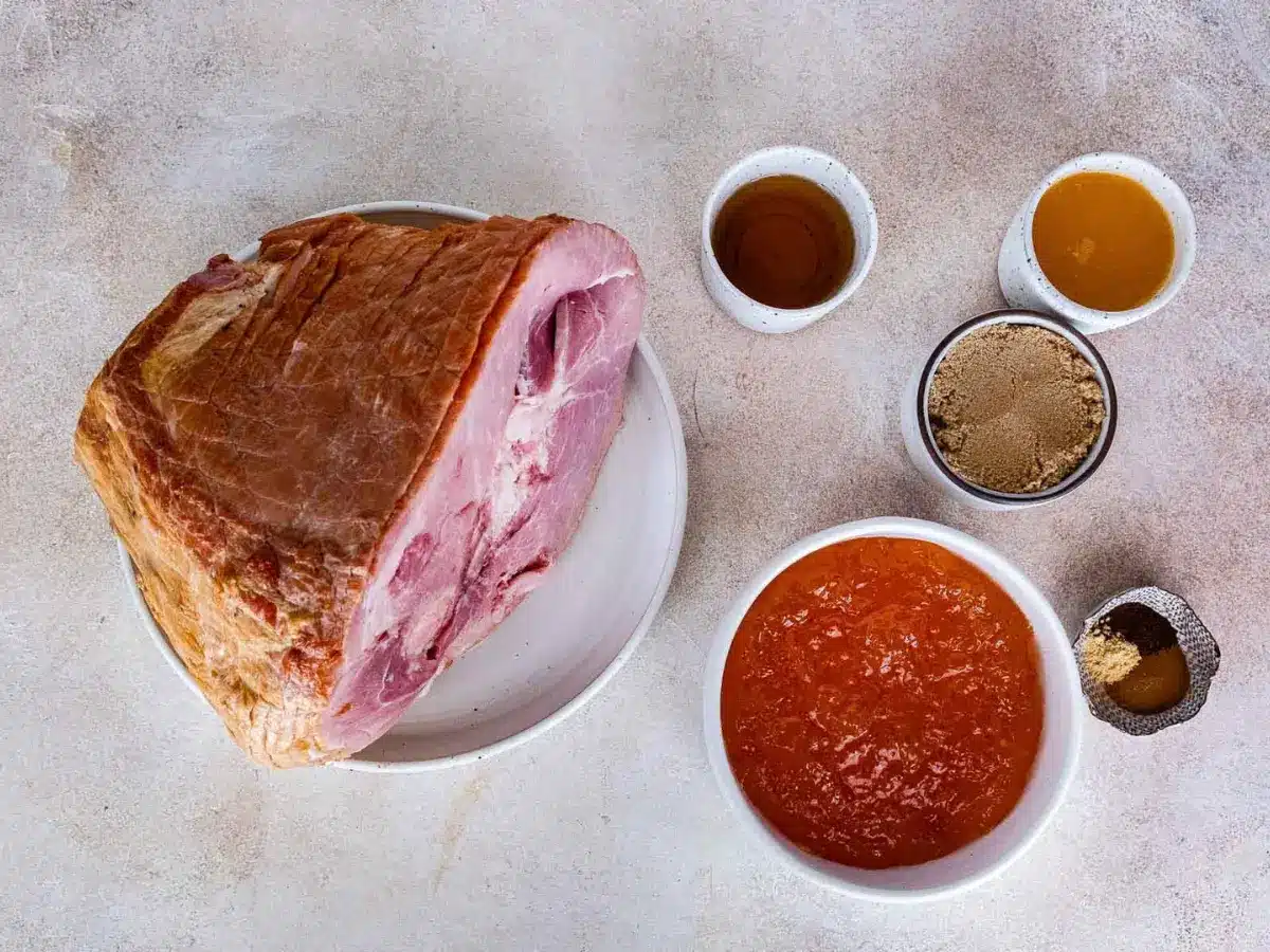 Ingredients for ham laid out on table seperated