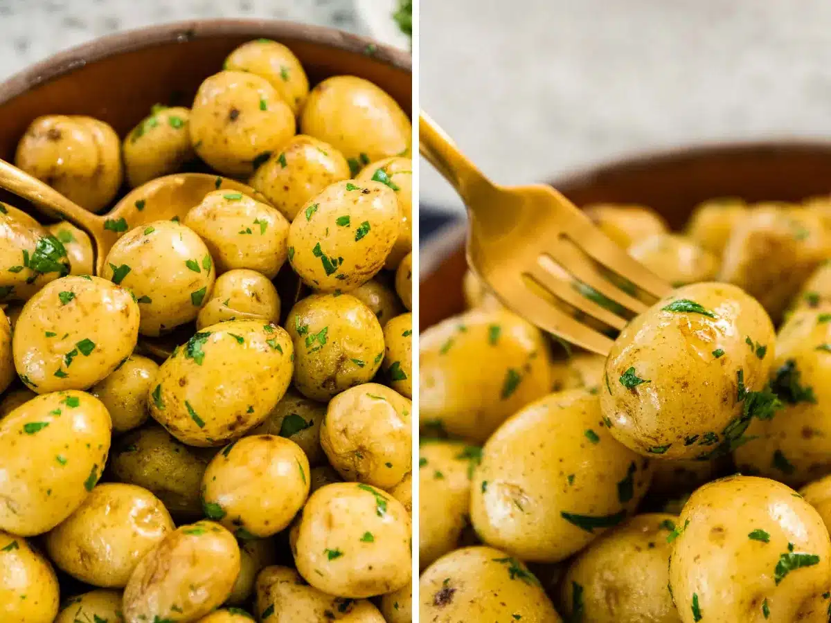 collage of potatoes being taken from bowlk