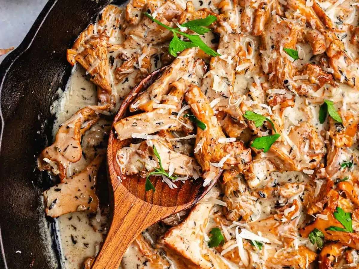Mushrooms in a creamy wine sauce with serving spoon.