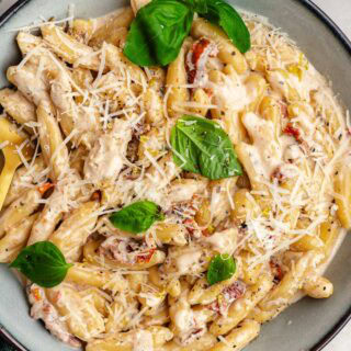 Dinner plate with pasta in sauce with basil and cheese garnish.