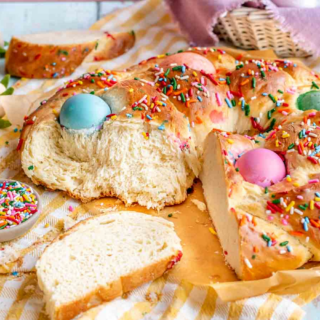 bread after baking with single slice in front