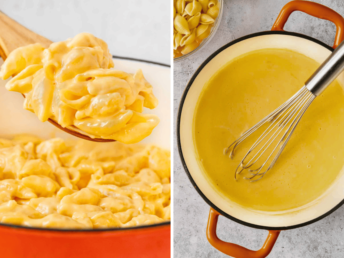 Collage of mac and cheese on spoon and cheese sauce in pot