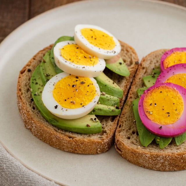 Hard boiled eggs on avocado toast.