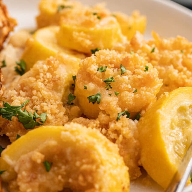 Close up of breaded and baked squash.