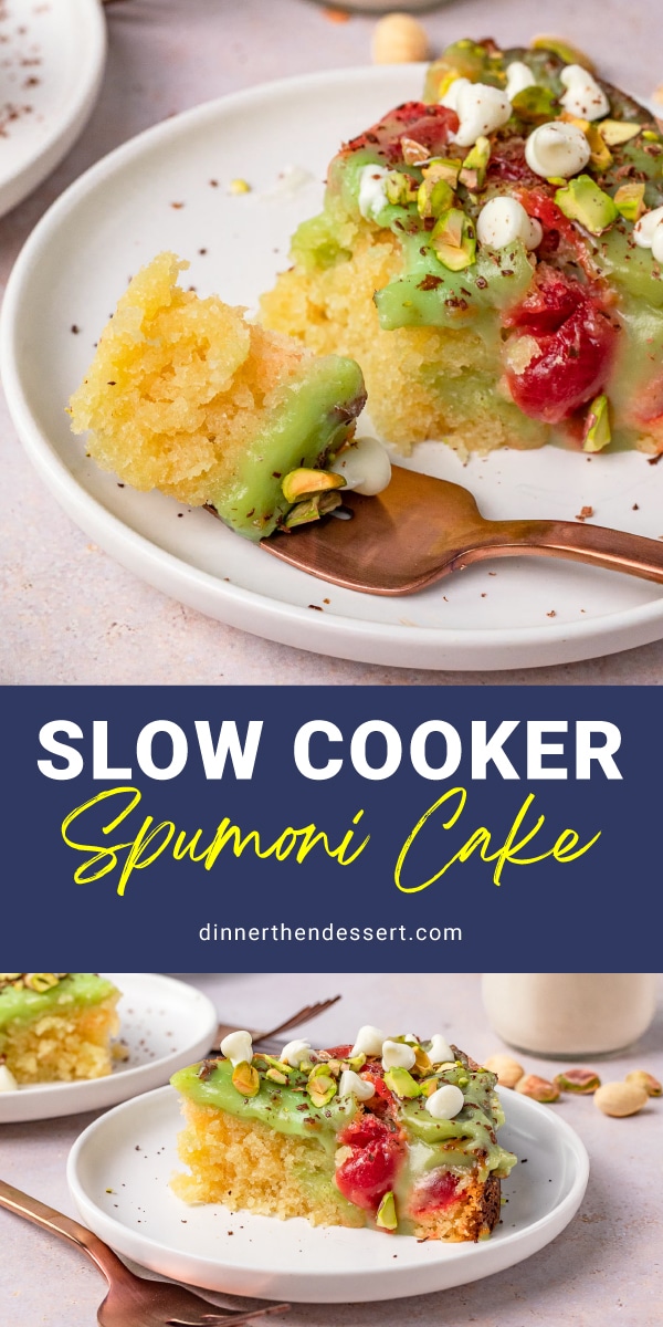 Slow Cooker Spumoni Cake collage plated with bite on fork, recipe name and slice of cake