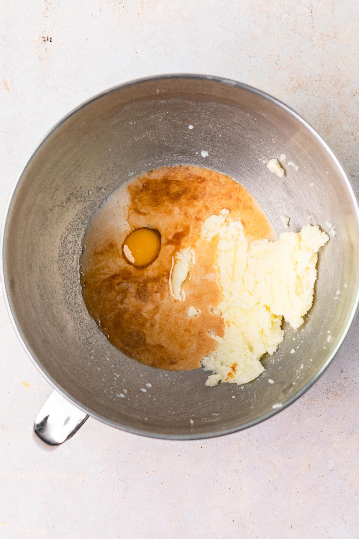 Slow Cooker Spumoni Cake wet batter ingredients in mixing bowl before mixing