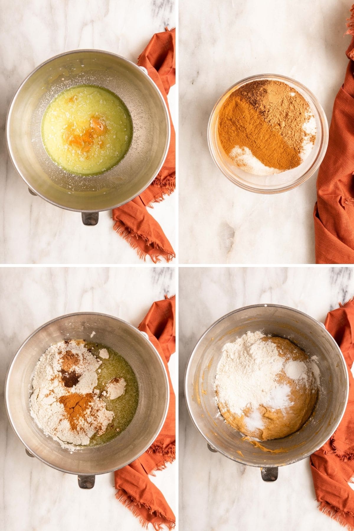 Sweet Potato Cinnamon Rolls collage of making dough steps