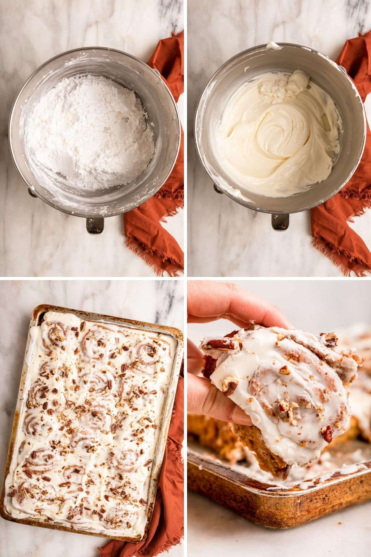 Sweet Potato Cinnamon Rolls collage of making frosting and frosted cinnamon rolls in pan and holding one frosted roll