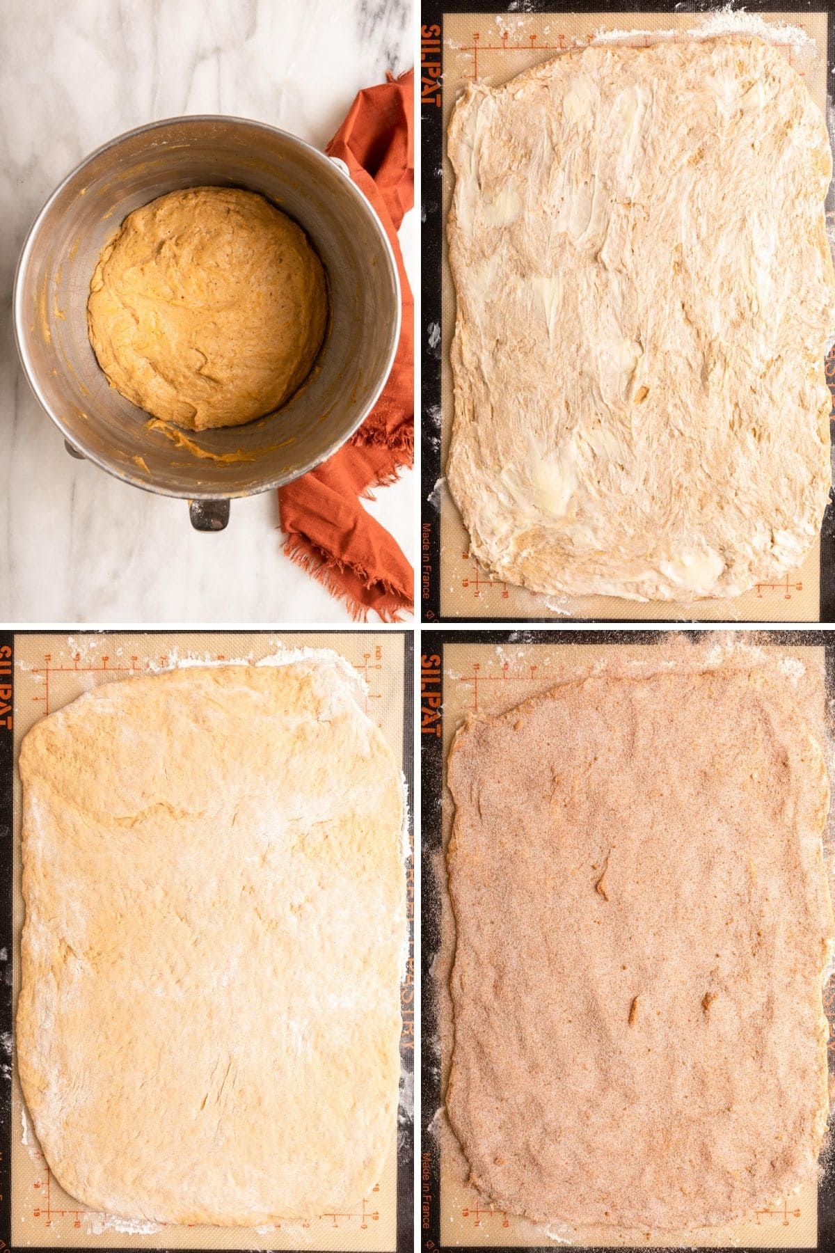 Sweet Potato Cinnamon Rolls collage of filling dough after it is rolled into rectangle