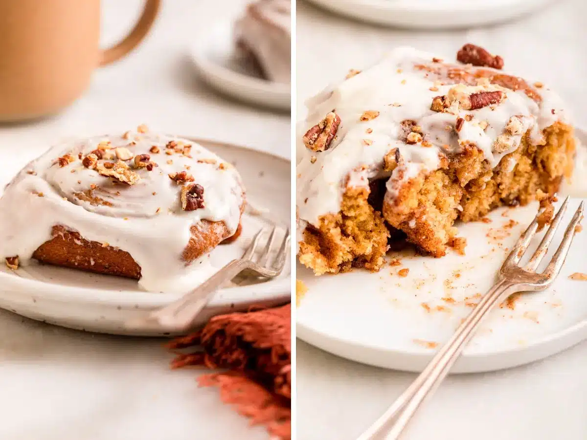 Baked good on a plate before and after bite 