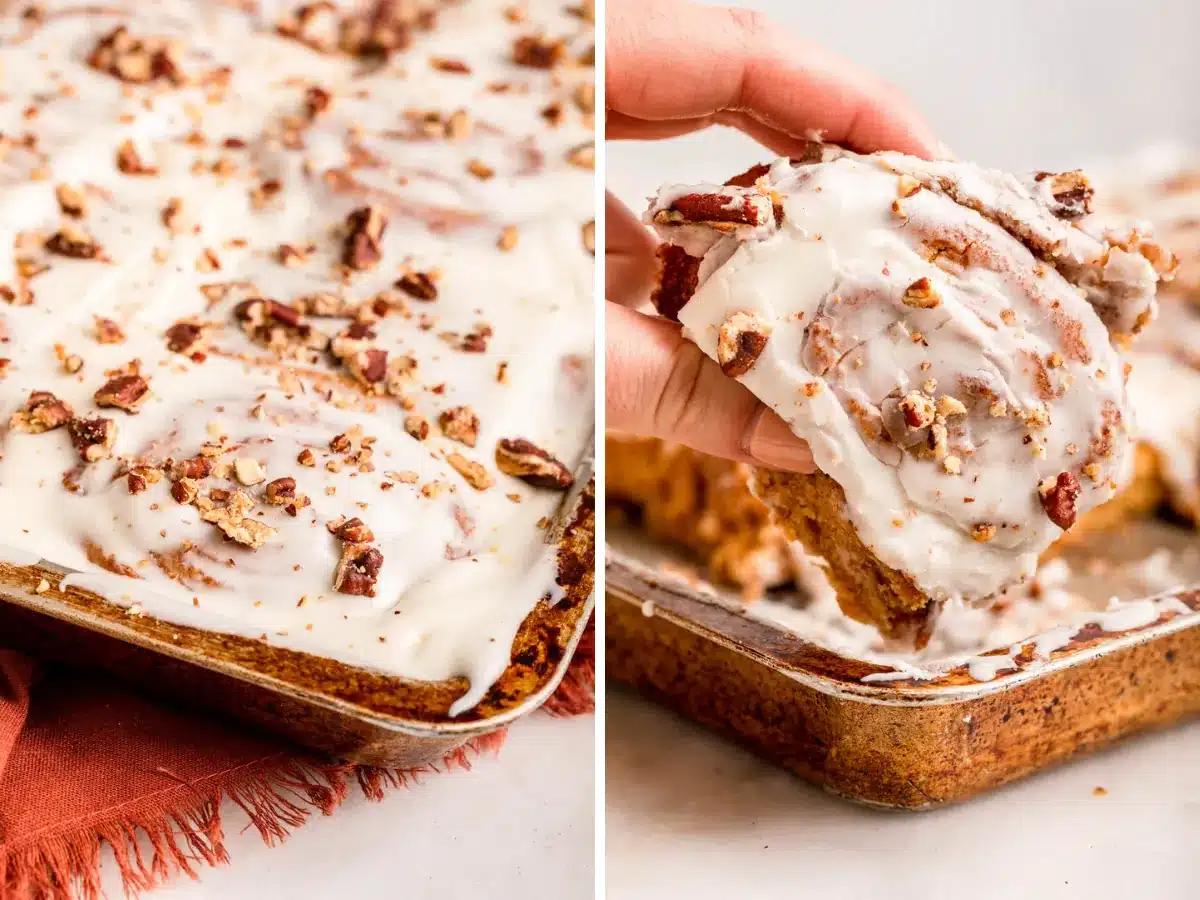 Baked good in a baking pan and then a piece cut out 