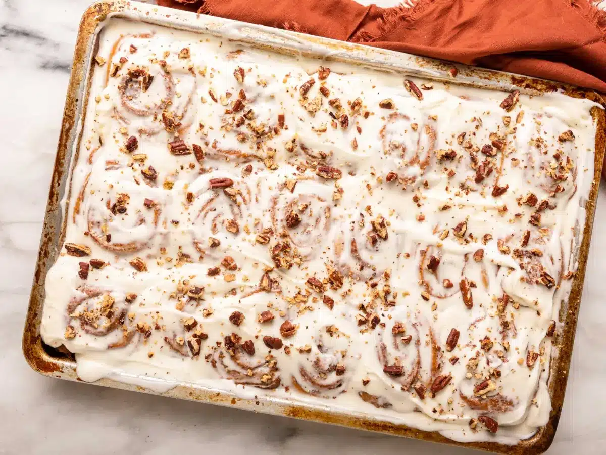 Full sheet of baked good out of the oven 