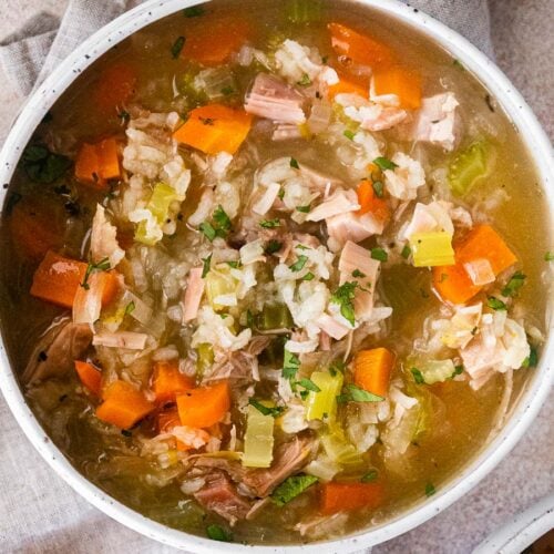 finished soup in white bowl taking up entire frame
