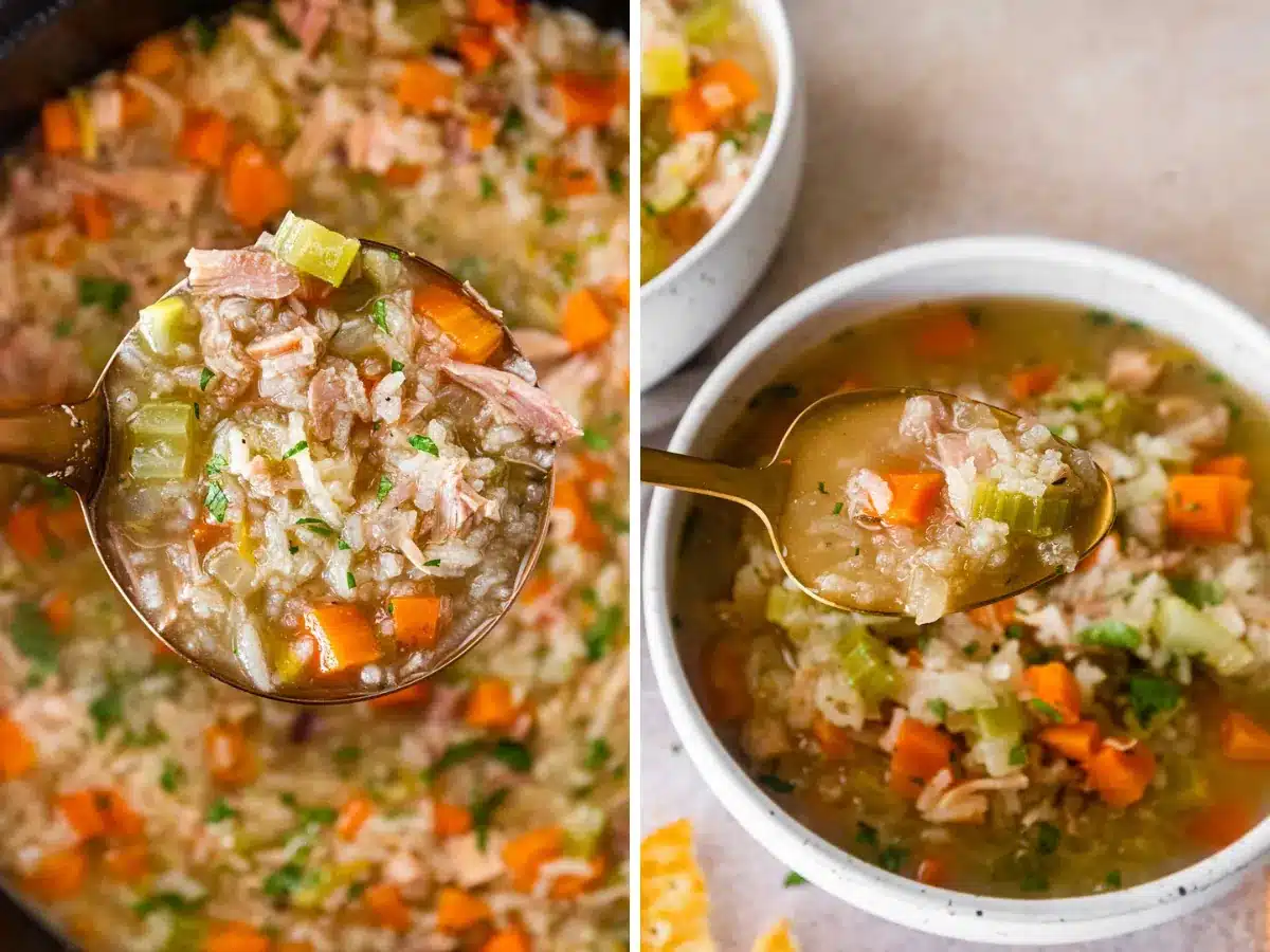 Collage of closeup spoon fulls of cooked ingredients in liquid