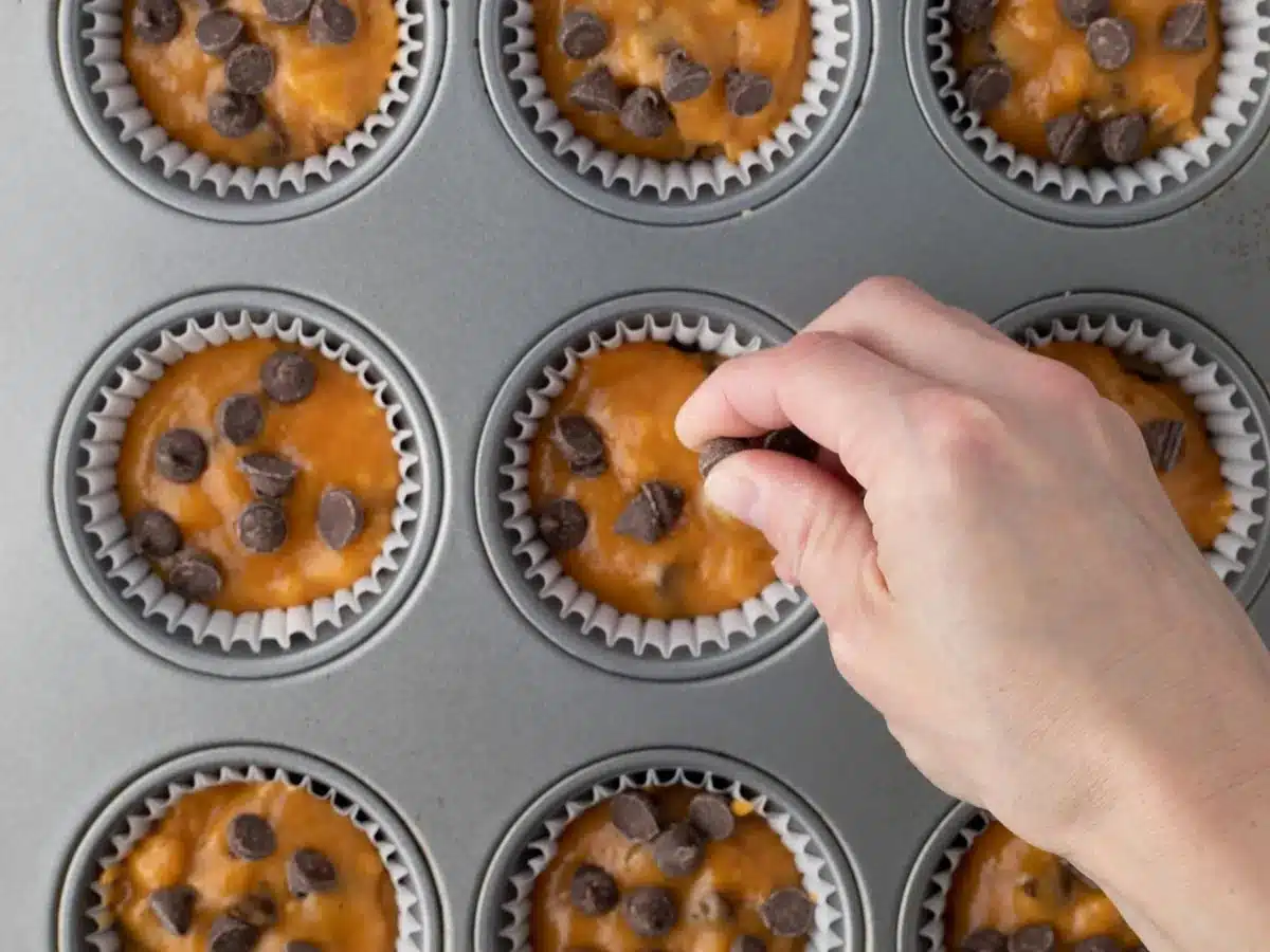 Batter in lined muffin tin, topped with chocolate chips.
