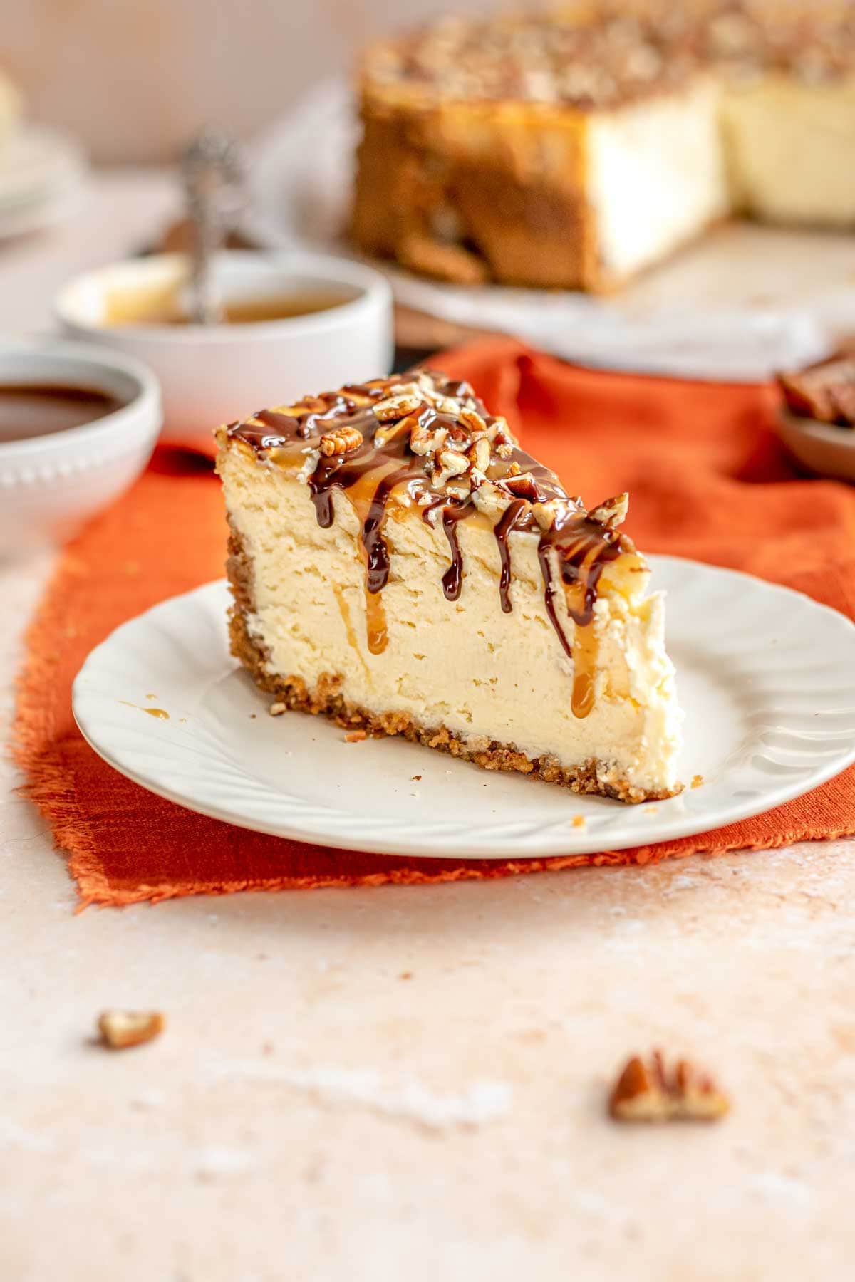 side view of slice of cheesecake 