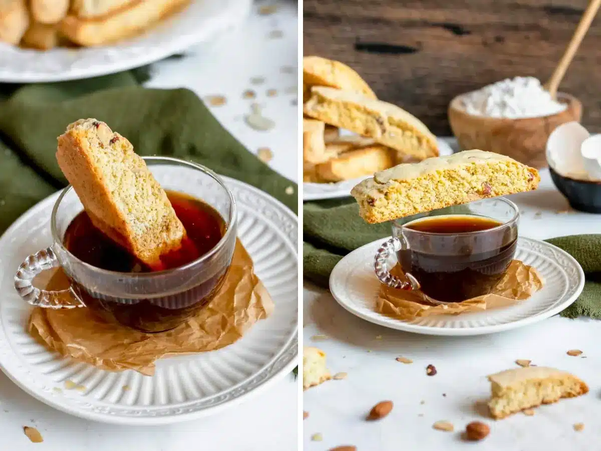Collage of biscotti dunked in tea