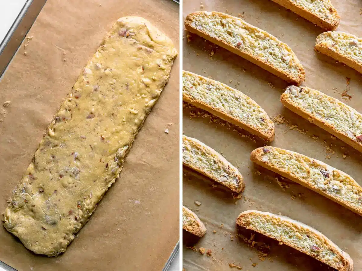 Collage of biscotti dough and baked biscotti