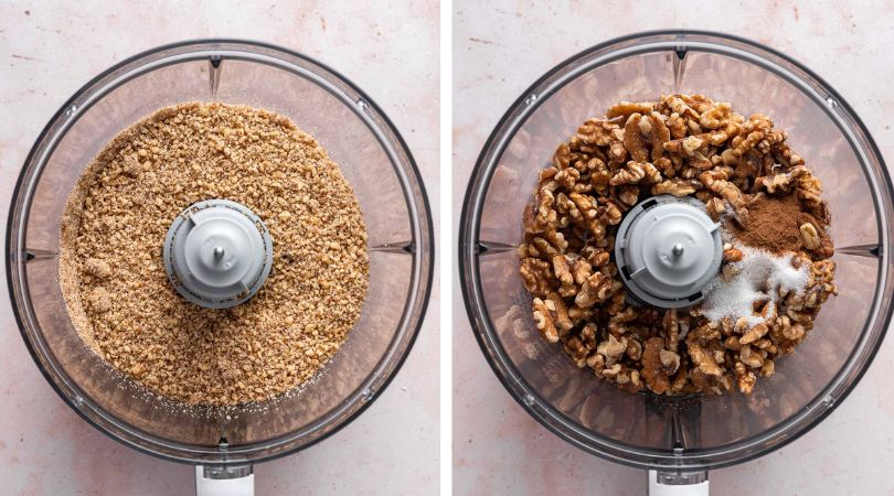 Baklava collage grinding walnut filling in food processor