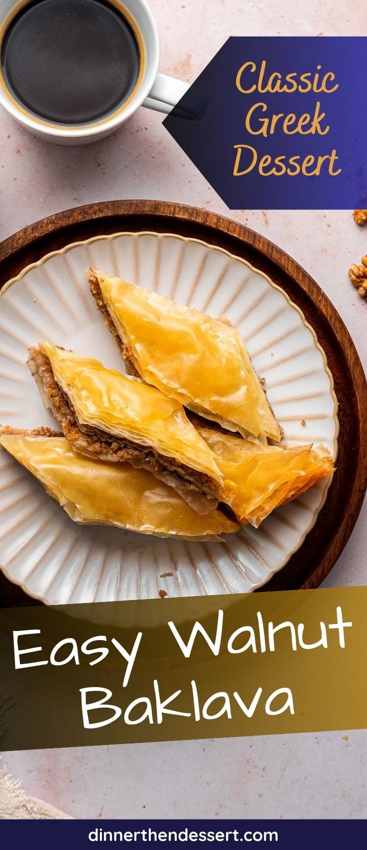 Baklava Pin of cut pieces on plate with coffee cup in top right corner