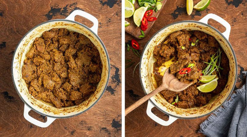 Beef Rendang collage of cooked beef before and after garnish in pot