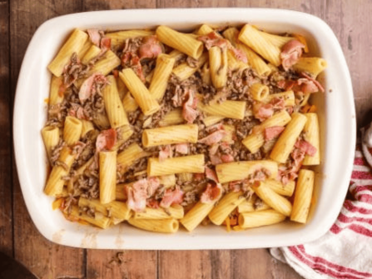 pasta and beef in baking dish