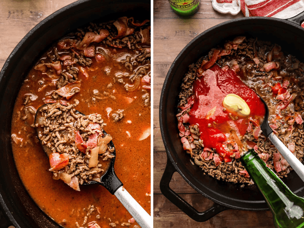 collage of mixture simmering and ingredients being added