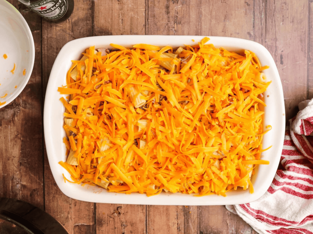 cheese topping pasta before being baked