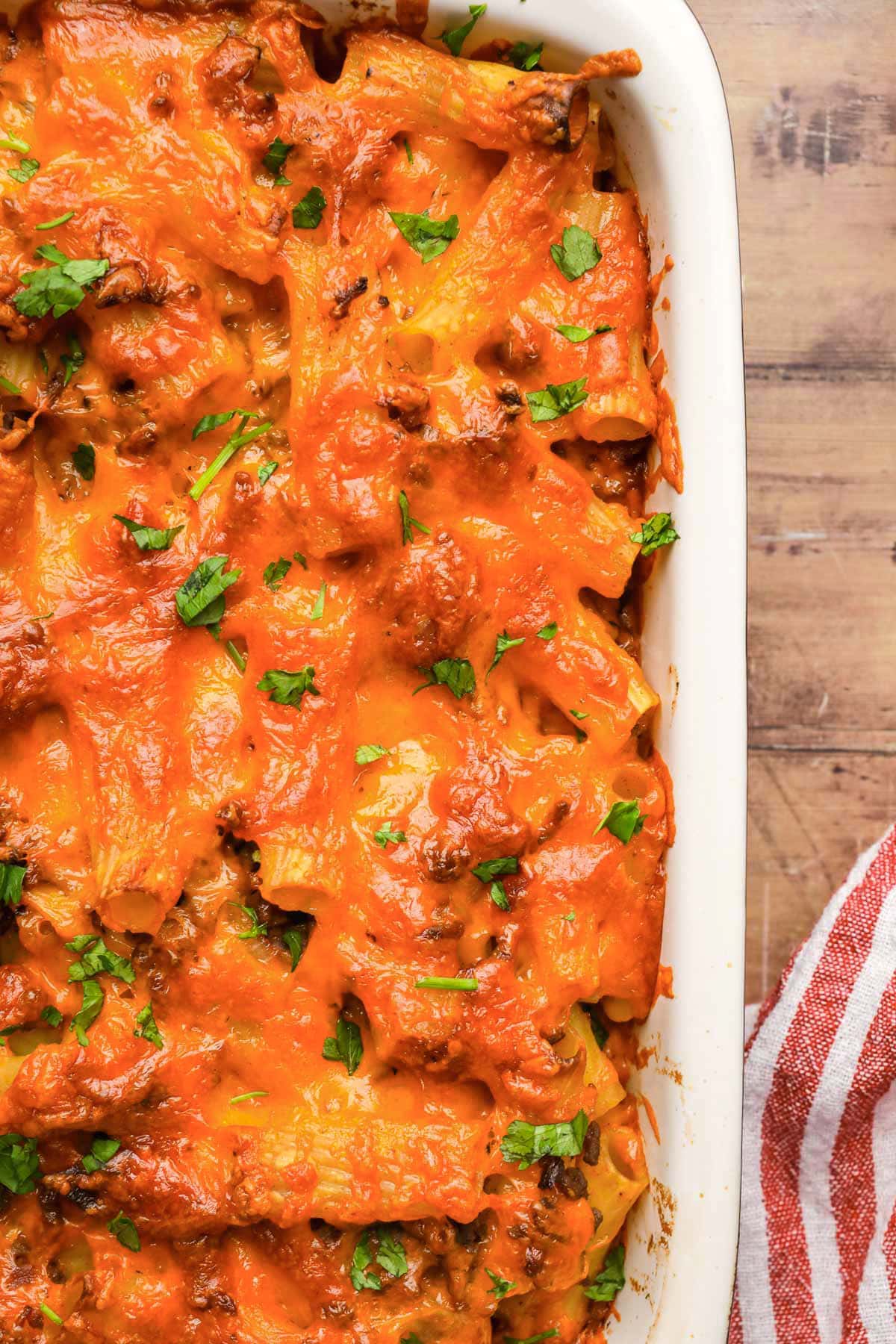 close up of side of baked pasta dish
