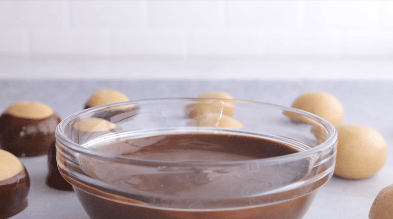 bowl of chocolate to dip buckeye balls into
