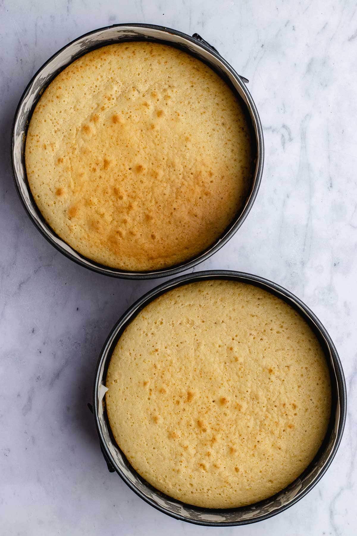 2 cakes after they come out of the oven 